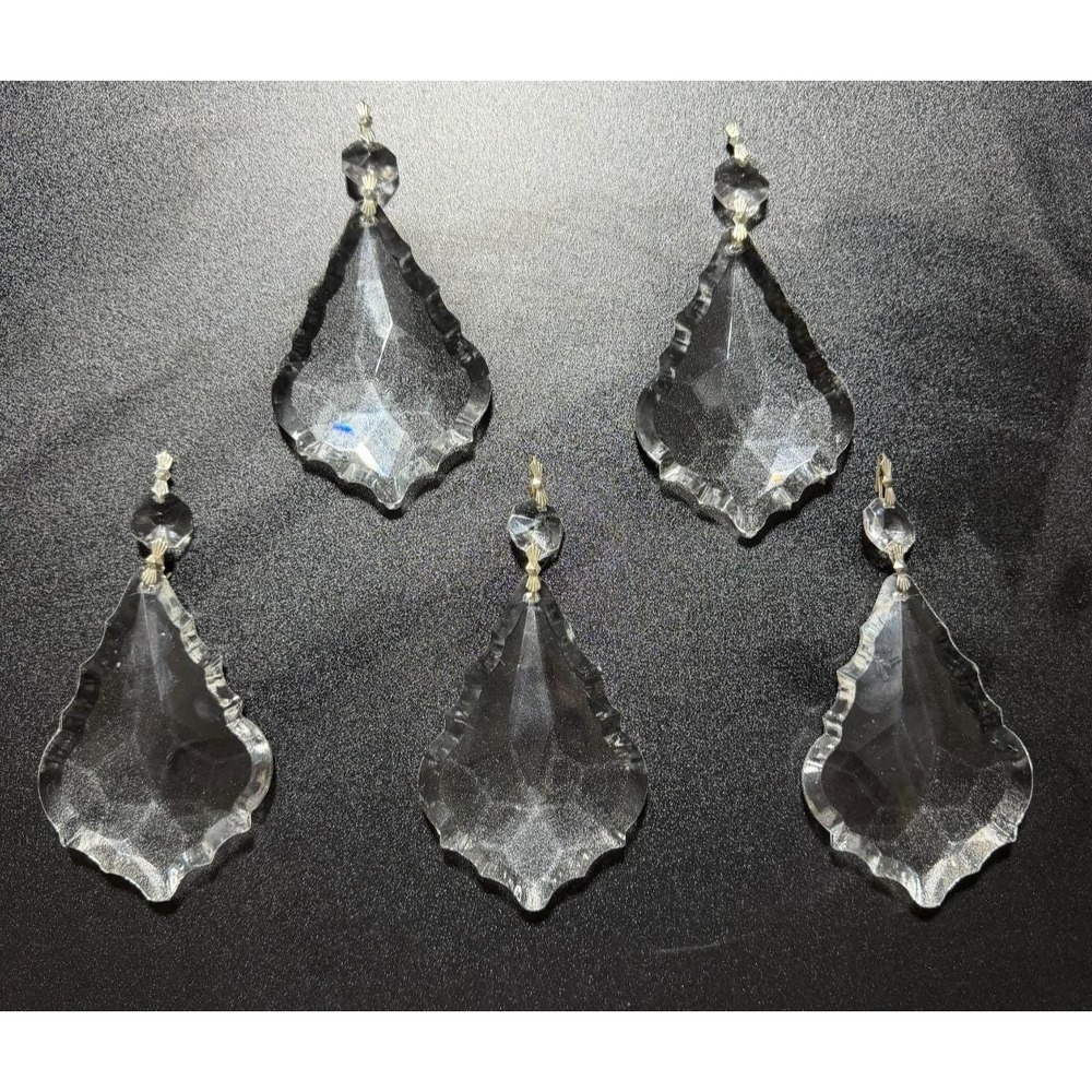 5 Vintage Large 5" Crystal Chandelier French Maple Leaf Prism Faceted Parts